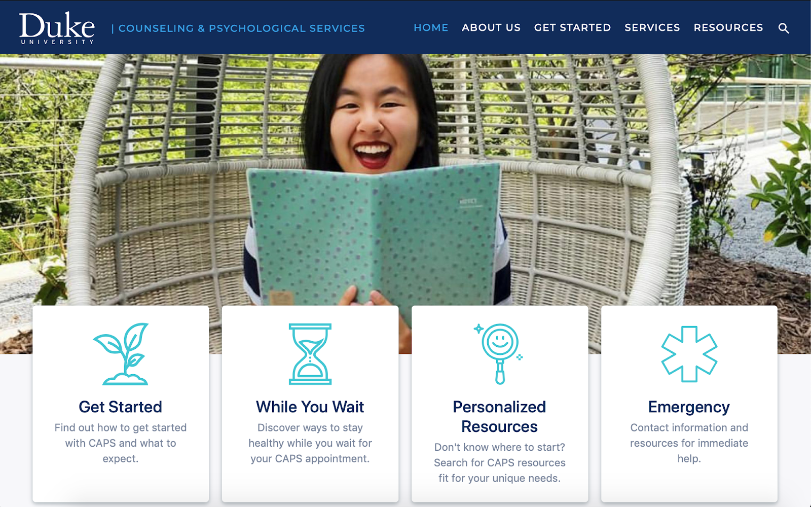 A website for Duke Counseling and Psychological Services. There is a header bar and four cards linking to more information.